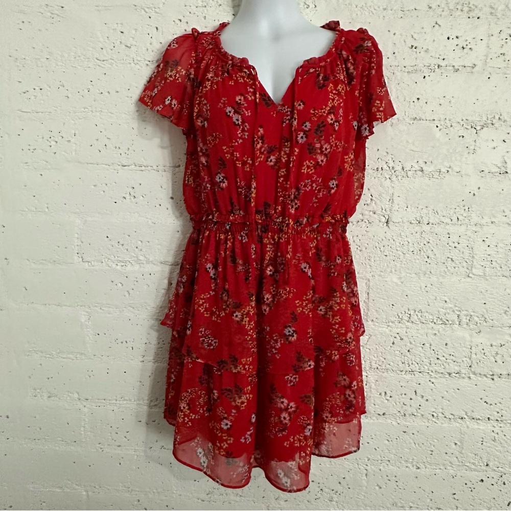 LC Lauren Conrad Red Floral Ruffle Mini Dress